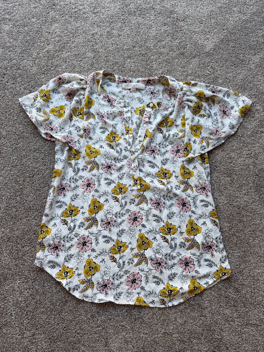 Loft White Yellow & Pink Floral Print Ruffle Short Sleeve Blouse XS